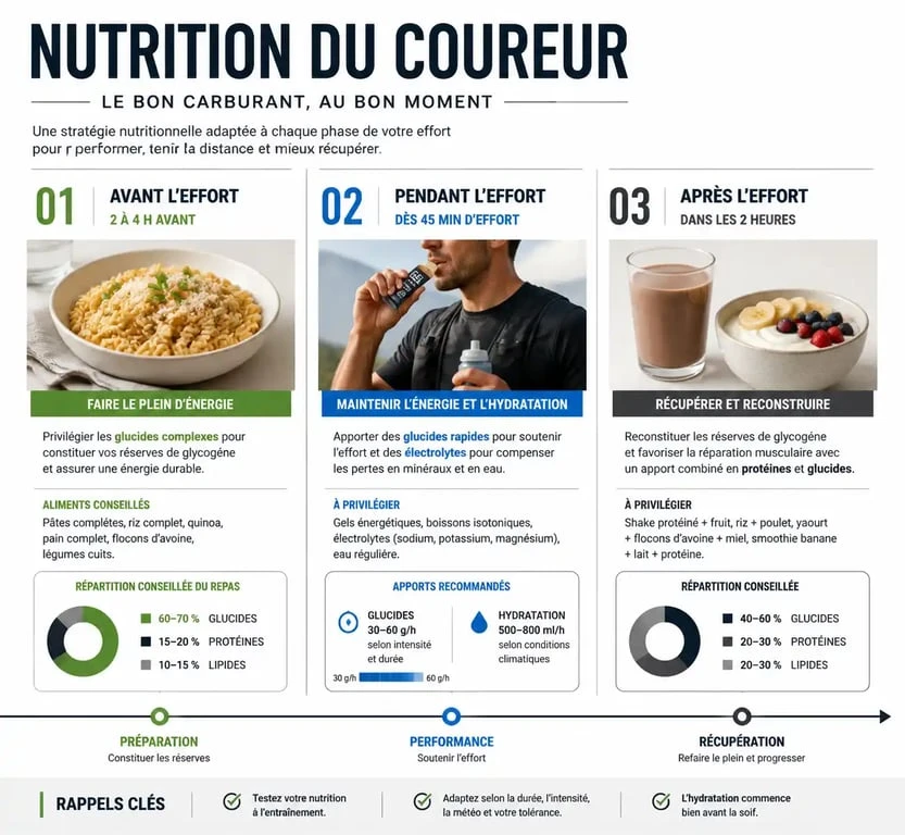 Infographie sur la stratégie nutritionnelle en course à pied : alimentation avant, pendant et après l'effort.