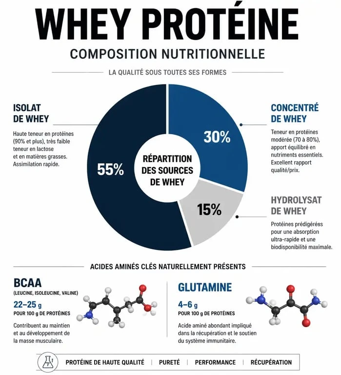 Infographie de la composition nutritionnelle de la whey Optimum Nutrition montrant les isolats, concentrés et acides aminés