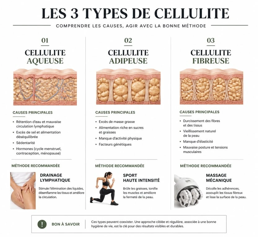 Infographie des différents types de cellulite des cuisses et méthodes pour les perdre