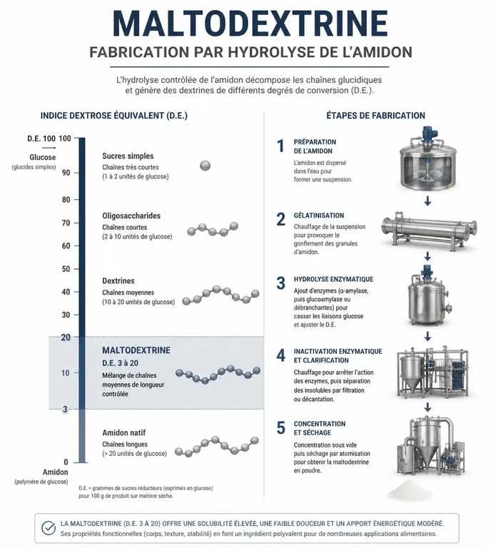 Infographie explicative sur la fabrication et l'indice Dextrose Équivalent de la maltodextrine