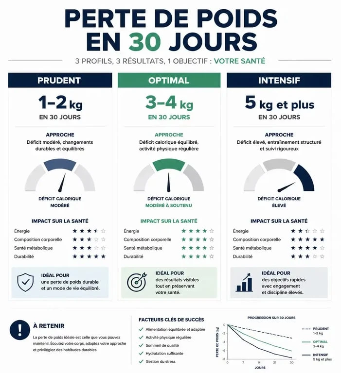 Infographie des objectifs de perte de poids en 1 mois : profils prudent, optimal et intensif.