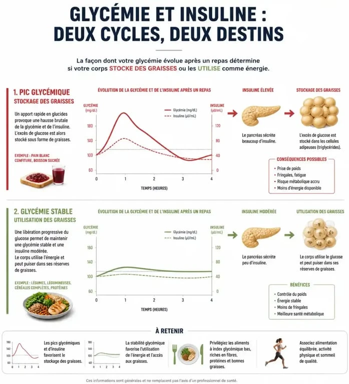 Infographie expliquant le lien entre la glycémie, l'insuline et la perte de poids pour faire baisser la glycémie naturellement.