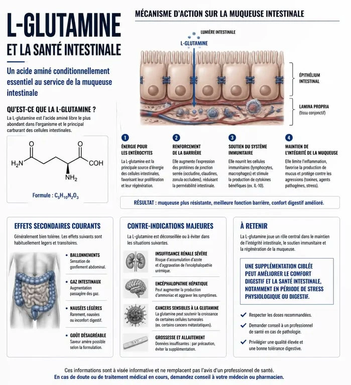 Infographie sur les effets secondaires et les précautions d'utilisation de la L-glutamine pour la santé intestinale