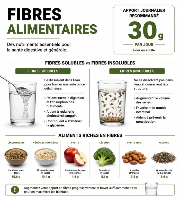 Infographie sur les apports journaliers recommandés en fibres alimentaires pour une santé optimale