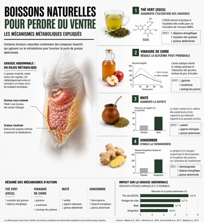 Infographie sur les bienfaits des boissons pour perdre du ventre et leur action sur le métabolisme