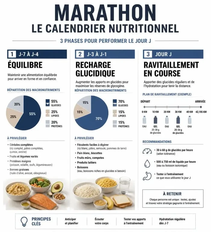 Infographie nutrition marathon : calendrier alimentaire pour optimiser ses réserves de glycogène avant et pendant la course.