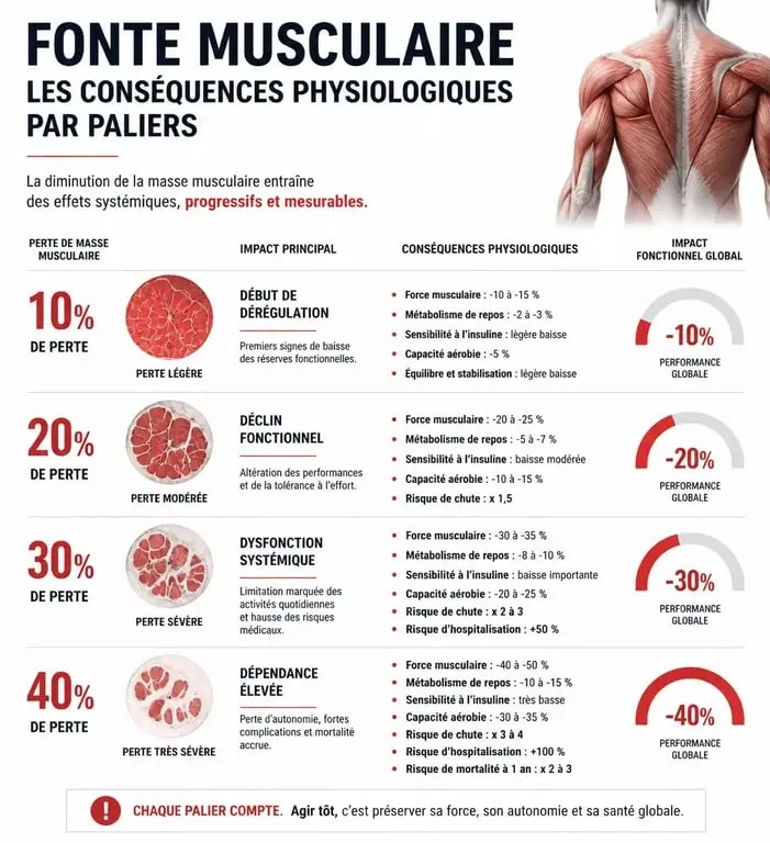 Infographie sur les conséquences de la fonte musculaire et perte de poids sur la santé