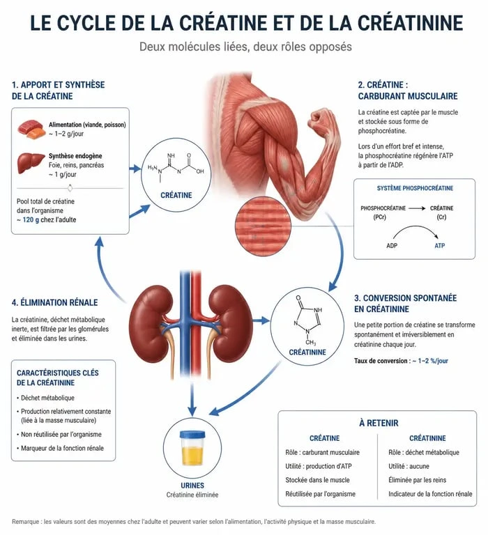 Schéma explicatif de la différence entre créatine et créatinine pour comprendre le fonctionnement métabolique