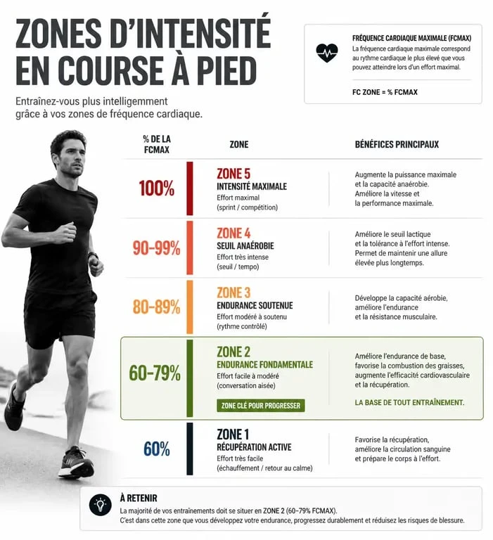 Infographie des zones d'entraînement en course à pied pour calculer son endurance fondamentale