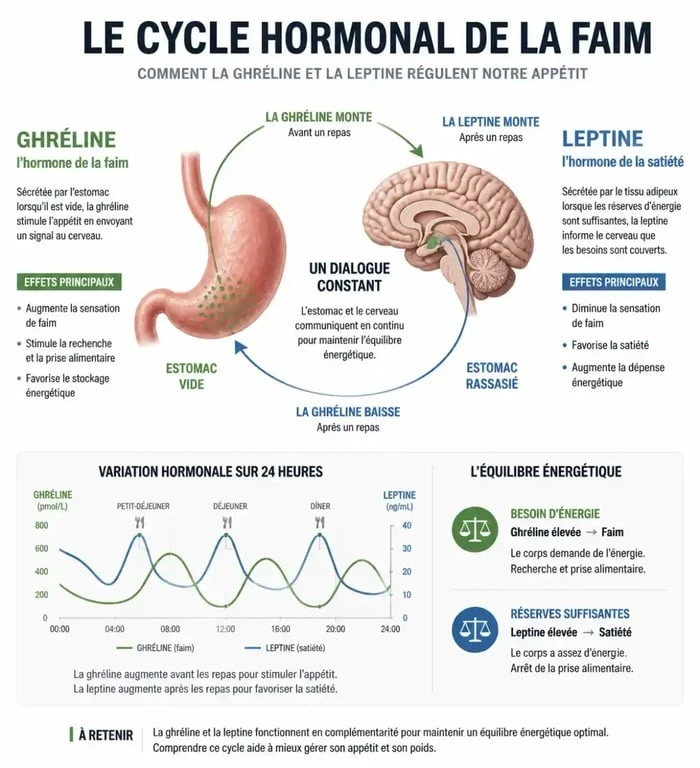 Schéma explicatif des hormones de la faim ghréline et leptine pour comprendre la sensation de faim permanente à l'estomac
