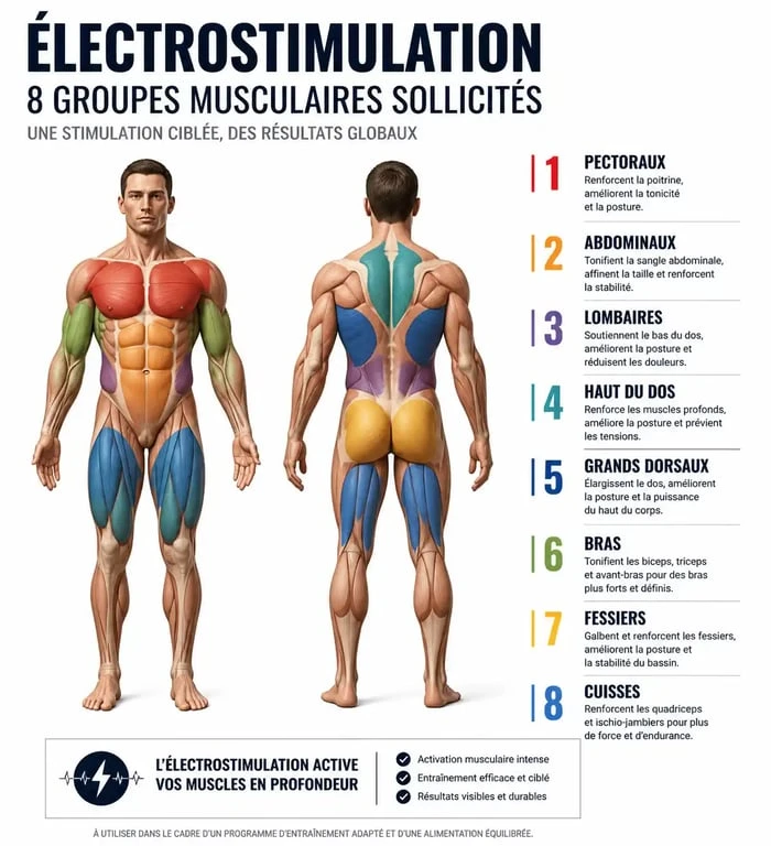 Schéma des 8 groupes musculaires sollicités lors d'une séance de Bodytech EMS