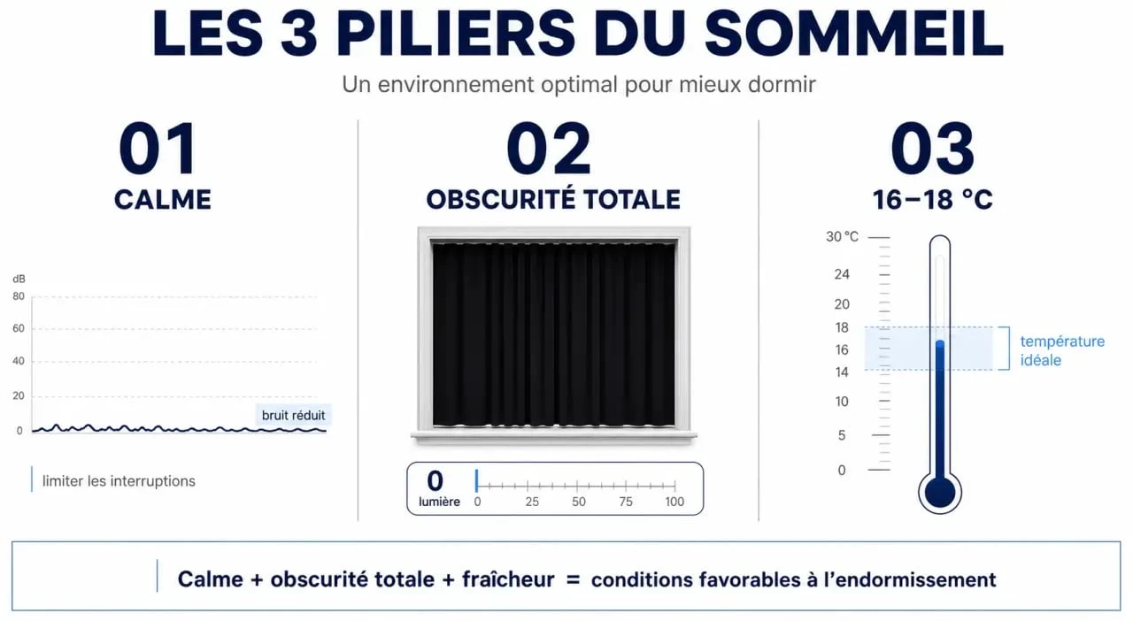 Infographie sur les règles pour trouver le sommeil rapidement : calme, obscurité et température idéale.