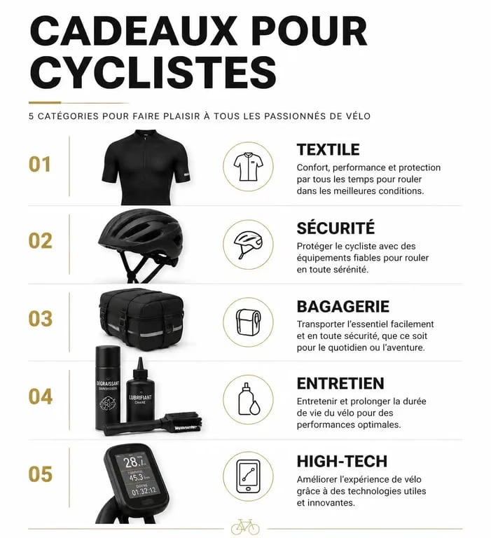 Idées de cadeau pour cycliste classées par catégorie : textile, sécurité, bagagerie, entretien et high-tech.