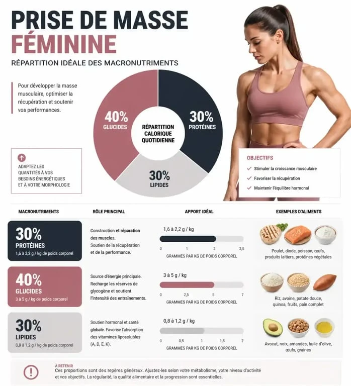 Infographie sur la répartition des macronutriments pour une prise de masse femme réussie