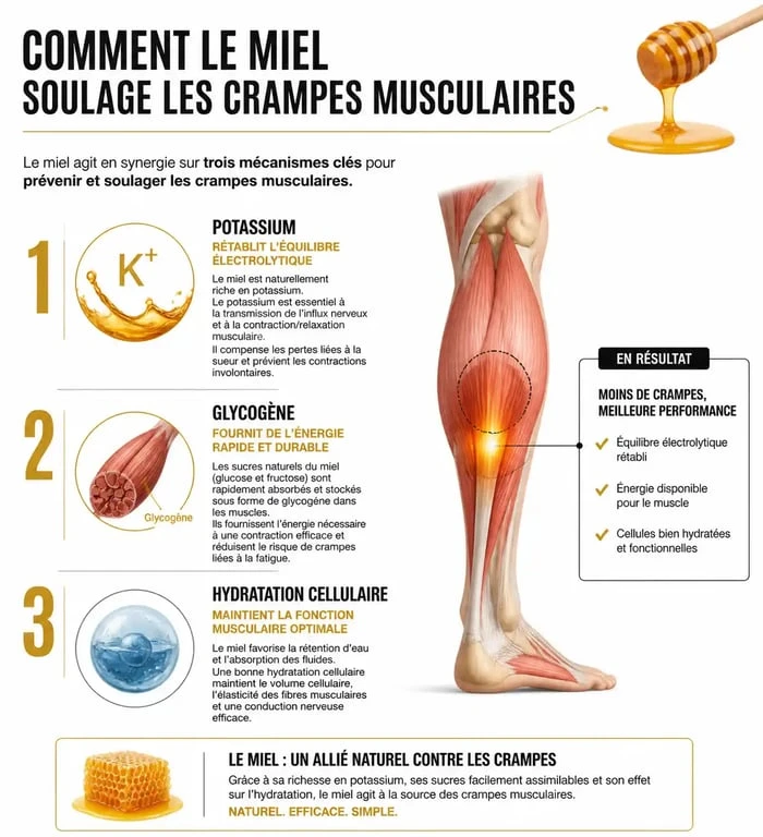 Infographie montrant les bienfaits du miel contre les crampes musculaires et son action sur les fibres musculaires
