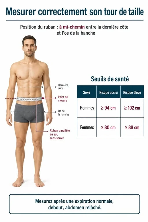Infographie illustrant la méthode de mesure du tour de taille pour perdre du tour de taille et les seuils de santé associés