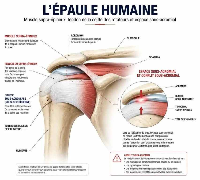 Schéma anatomique de l'épaule illustrant la tendinopathie du supra-épineux et le conflit sous-acromial.