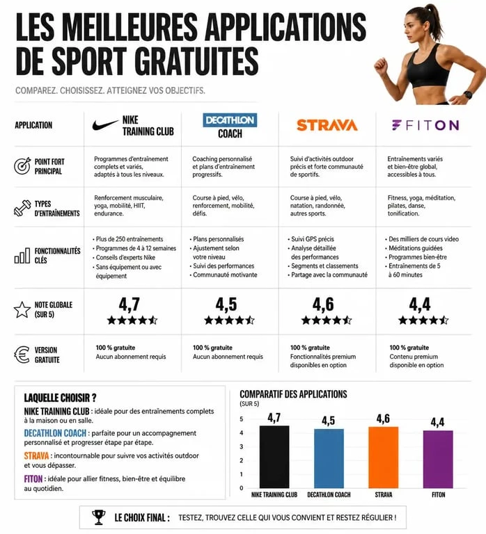 Infographie comparative des meilleures applications de sport gratuites pour le fitness, le running et le renforcement musculaire