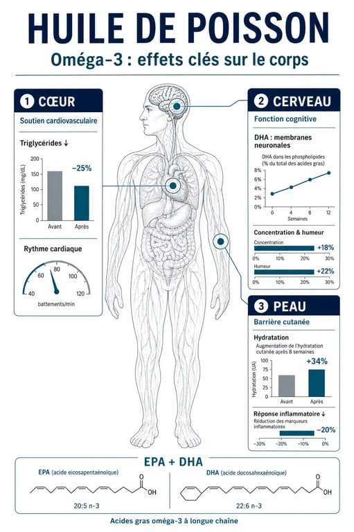 Infographie des bienfaits de l'huile de poisson sur la santé cardiovasculaire, cognitive et cutanée