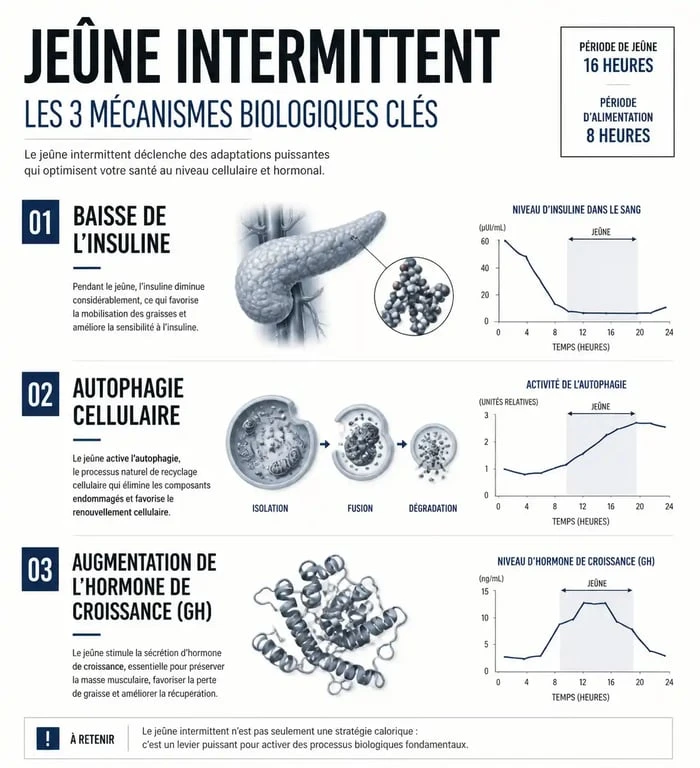 Infographie sur les mécanismes biologiques du jeûne intermittent : insuline, autophagie et hormone de croissance
