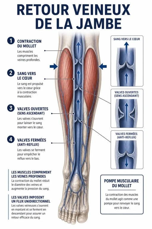 Schéma du retour veineux et de la pompe musculaire du mollet pour soulager le mal aux jambes après avoir beaucoup marché