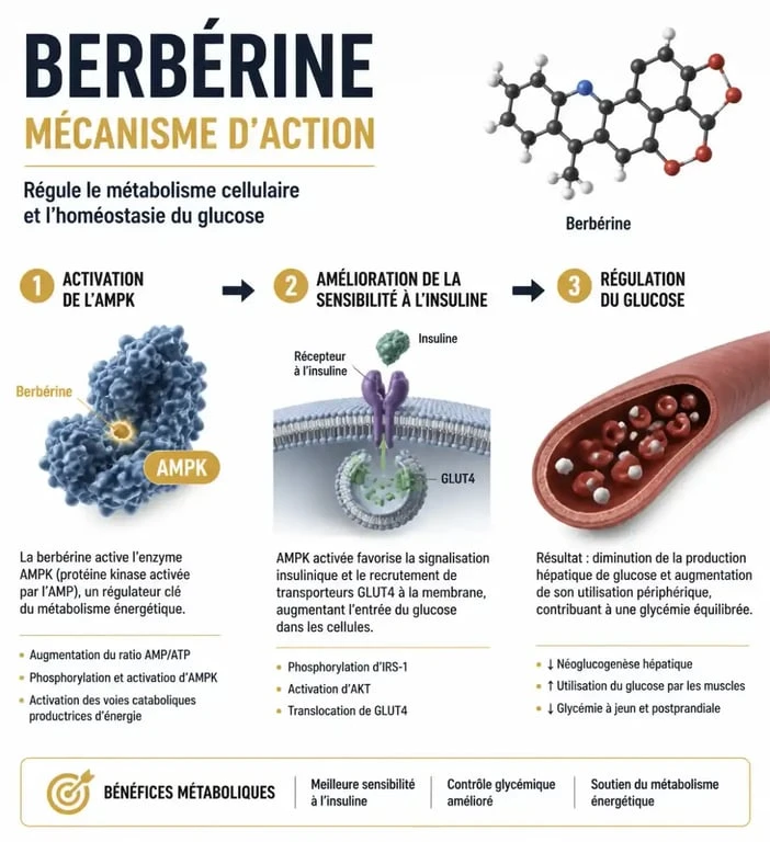 Schéma explicatif du mécanisme d'action de la berbérine pour la perte de poids et la régulation métabolique
