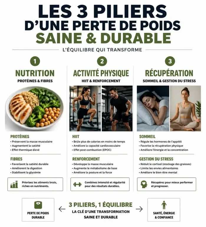 Infographie illustrant les trois piliers pour maigrir vite et bien : nutrition, sport et récupération