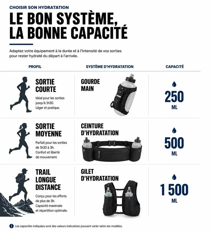 Infographie comparative pour choisir sa gourde pour course a pied selon la distance et le système de portage