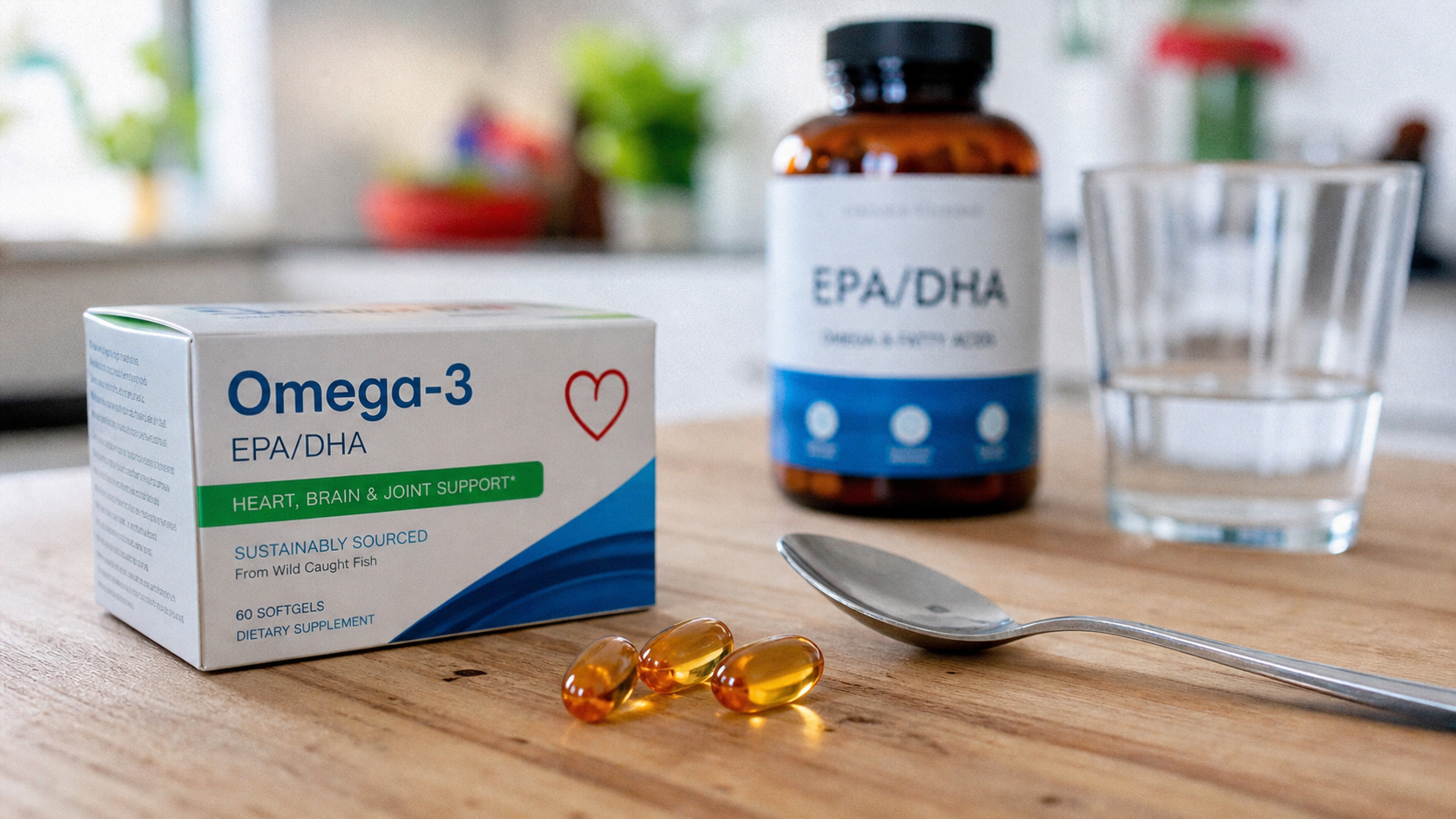 Huile de poisson bienfaits cardiovasculaires : gélules EPA DHA sur table