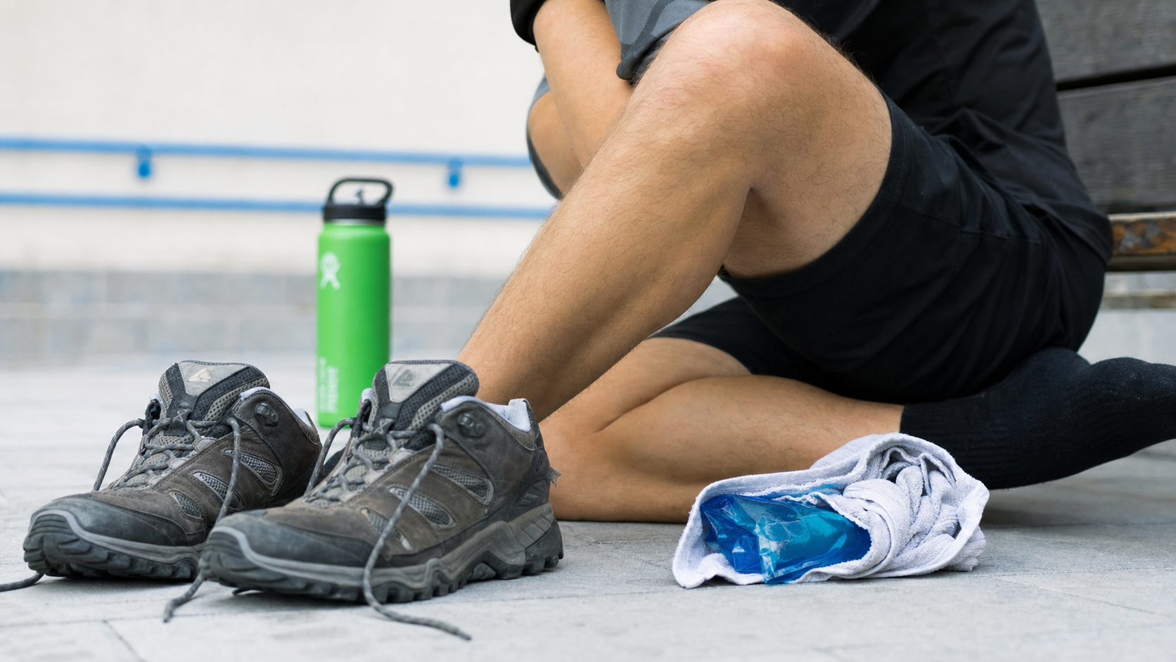 Mal aux jambes apres avoir beaucoup marche : mollet tendu avec glace et chaussures de marche usées