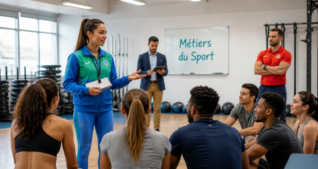 Métier dans le sport, éducatrice motive un groupe en gymnase