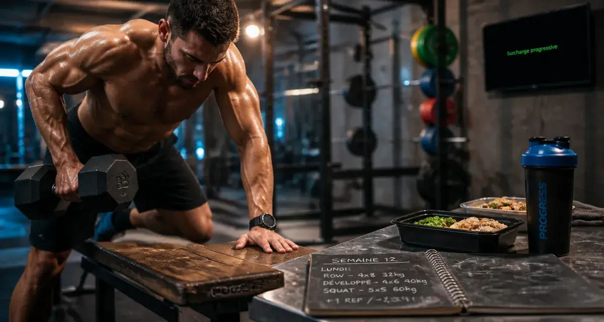 Prendre des muscle rapidement : athlète avec haltères, progression d’entraînement