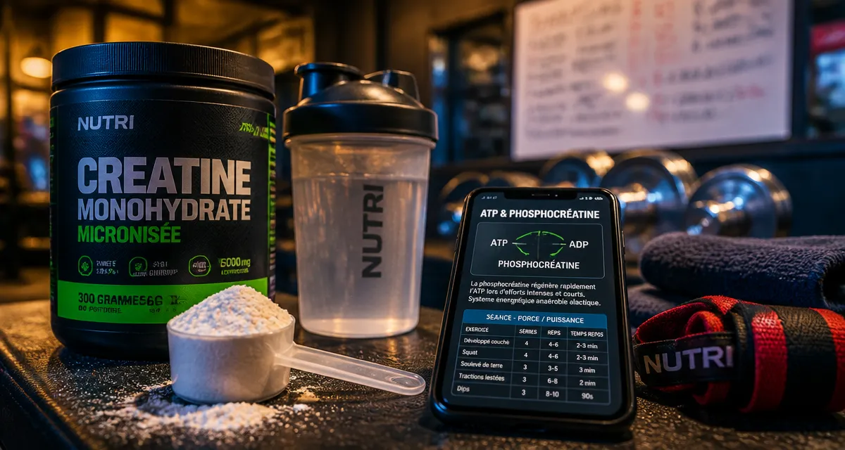 Prise de masse creatine : cuillère de créatine sur banc de musculation