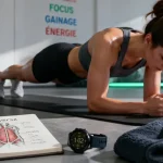 Ventre plat et abdos : personne en gainage, montre et carnet, fitness