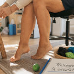 Flexions de chevilles pour ameliorer la circulation sanguine, femme pieds au sol et chaussettes de compression