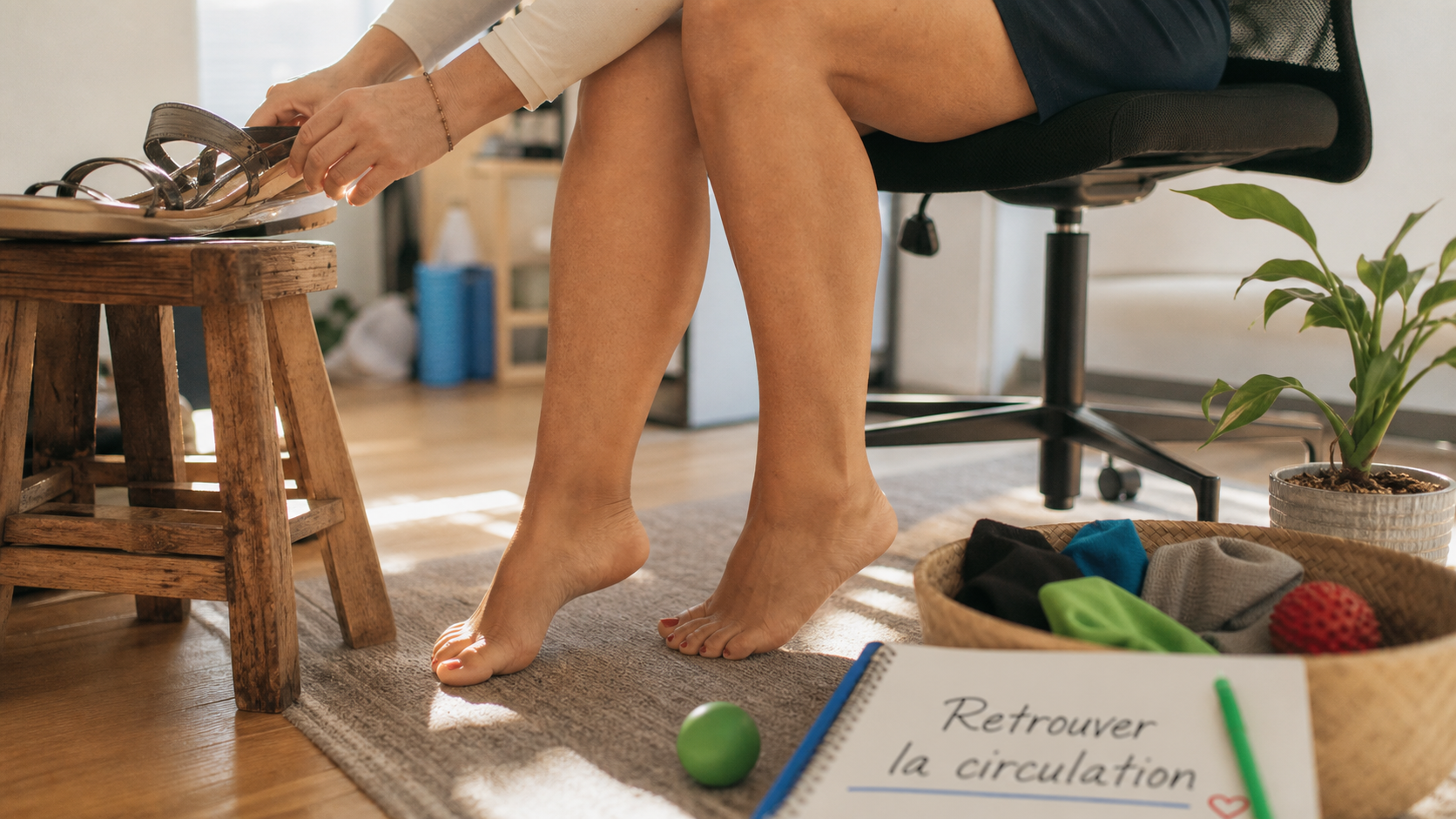 Flexions de chevilles pour ameliorer la circulation sanguine, femme pieds au sol et chaussettes de compression