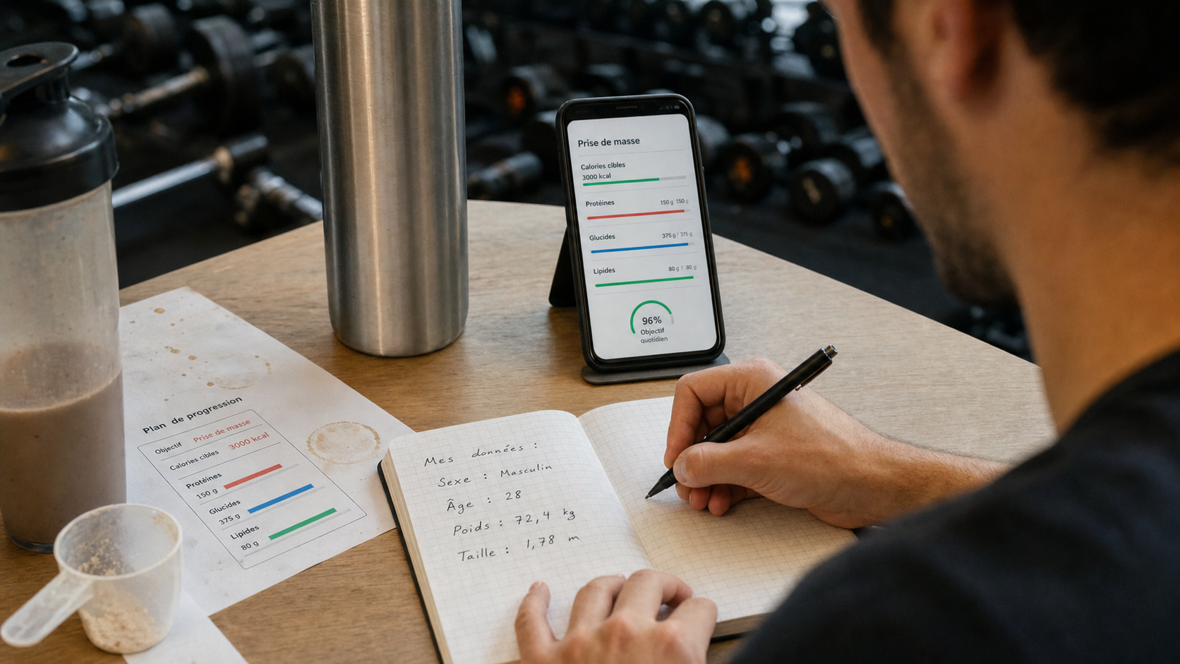 Calcul calories prise de masse : surplus et données sport sur notebook