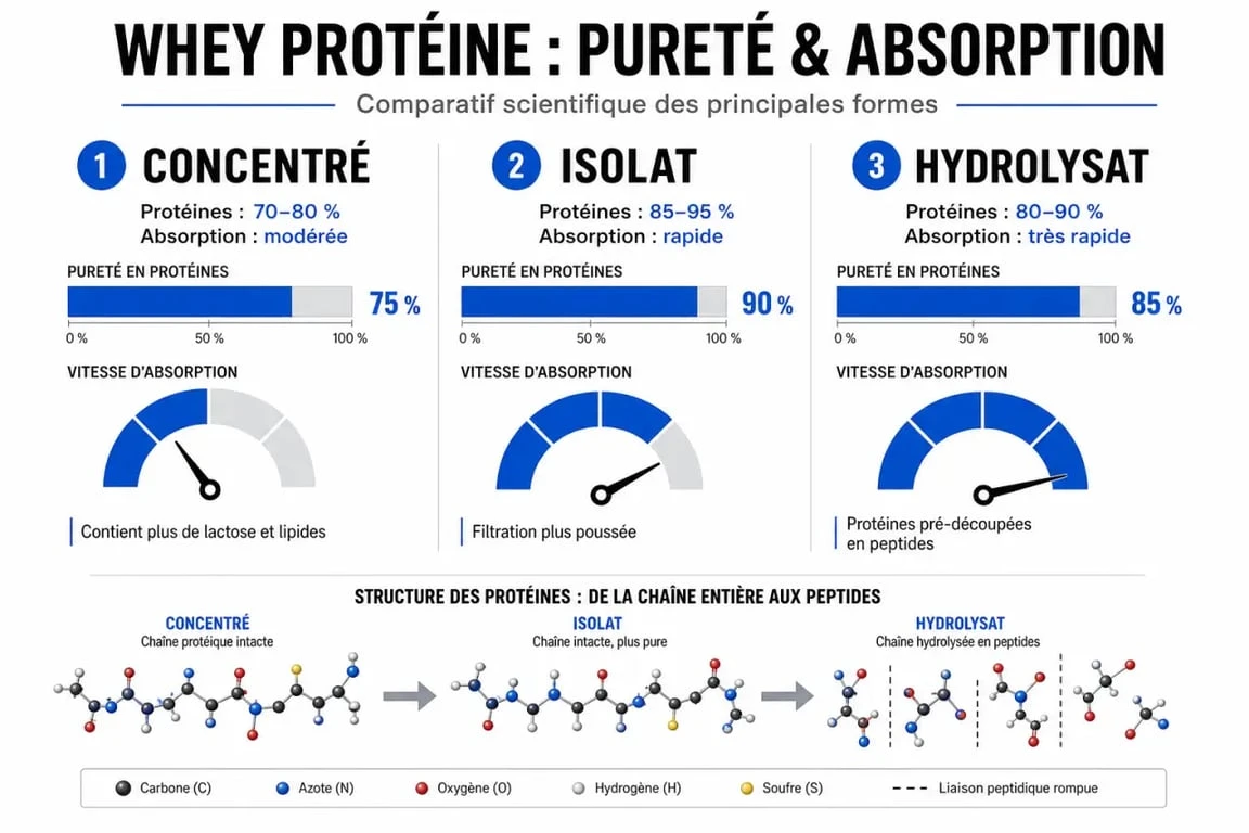 Infographie comparative des types de whey protéine : concentré, isolat et hydrolysat pour comprendre pourquoi prendre de la whey
