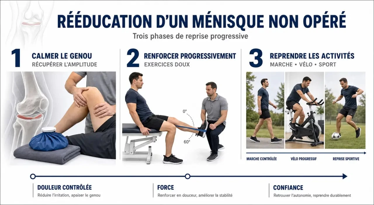 Rééducation ménisque non opéré : schéma des trois phases de récupération et de reprise des activités