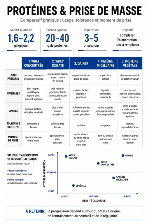 Infographie comparative sur le meilleur proteine prise de masse avec whey, isolate, gainer et caséine
