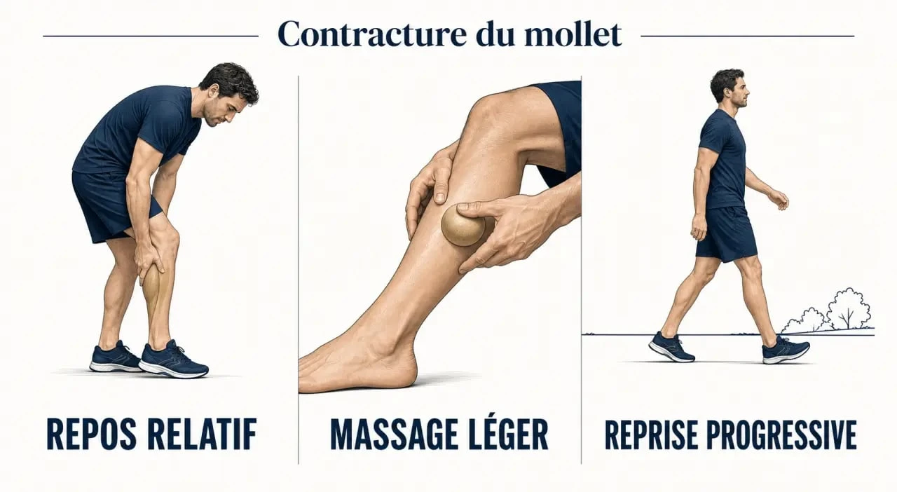 Contracture au mollet que faire : illustration des gestes utiles avec repos relatif, auto-massage doux et reprise progressive