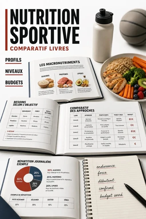 Livre sur la nutrition sportive : illustration éditoriale comparant plusieurs ouvrages et profils sportifs