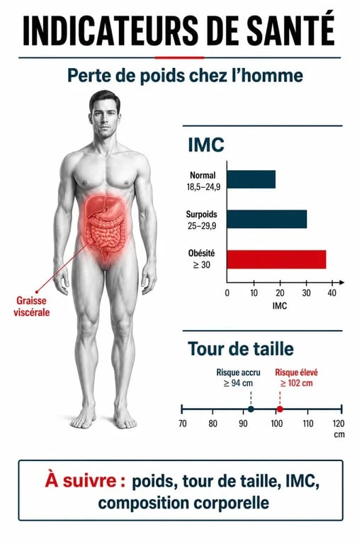 Infographie des indicateurs de santé pour la perte de poids homme : IMC et tour de taille