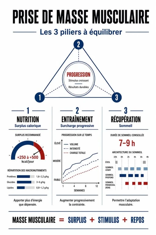 Infographie des trois piliers pour une prise rapide de masse musculaire : nutrition, entraînement et récupération.