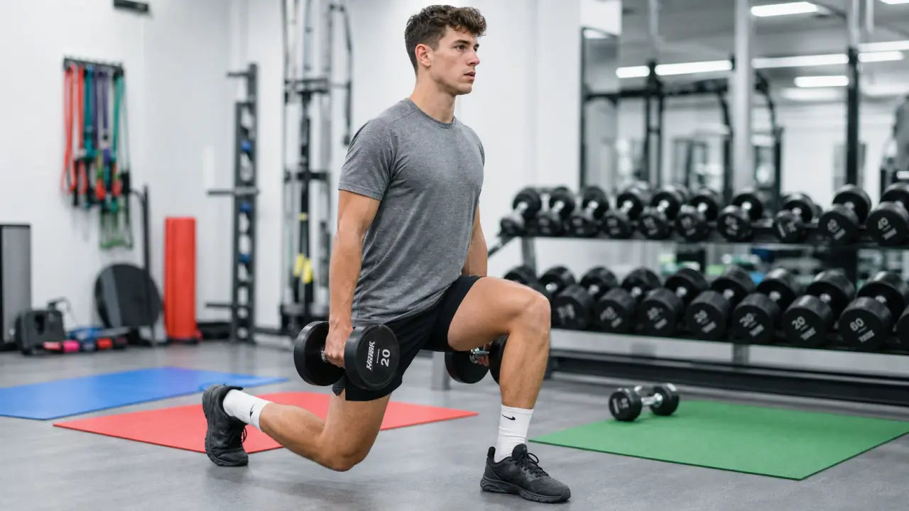 Fentes marchees avec halteres : athlète en salle de sport