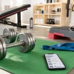 Materiel sport maison : haltères, bandes élastiques et tapis de yoga en home gym