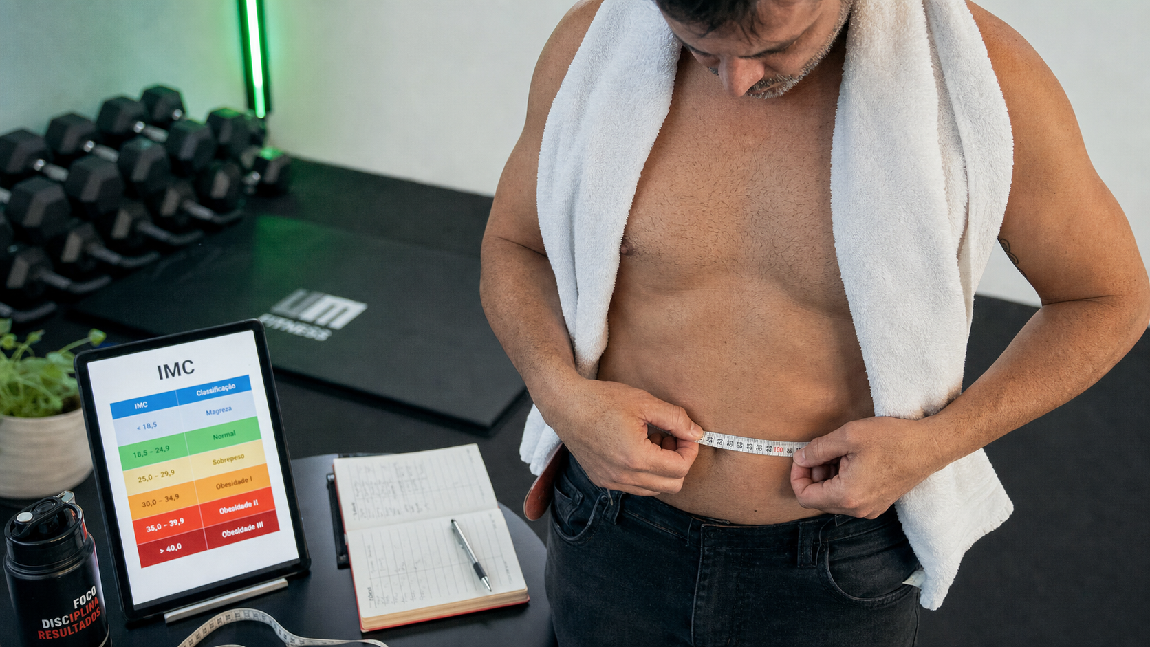 Perte de poids homme : mesure du tour de taille et graphique IMC en salle de sport