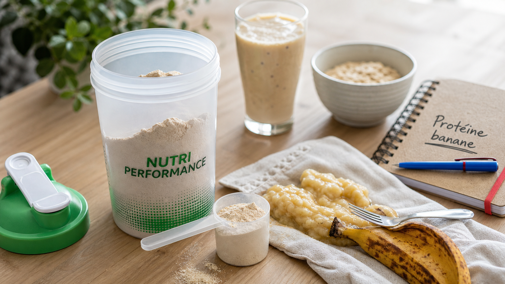 Protéine banane : poudre en shaker et banane, whey ou végétale