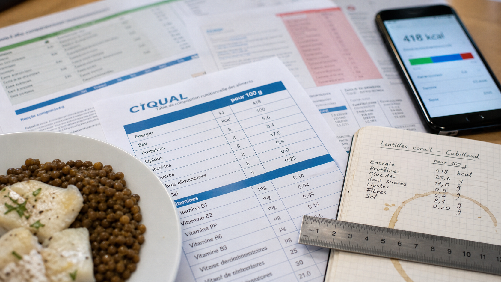 Tableau des aliments : calories et portions, comparaison sans gramme