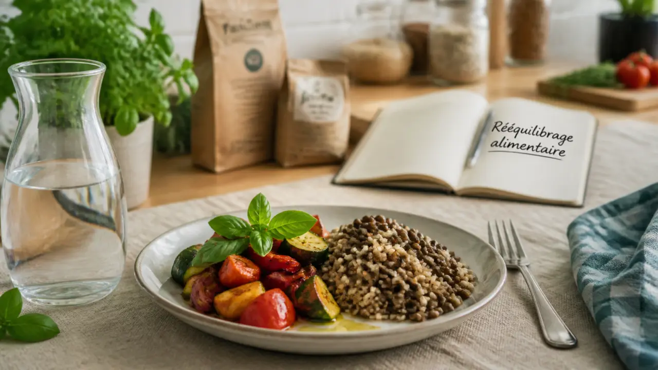 Assiette repère pour comment faire un reequilibrage alimentaire : lentilles, riz complet, légumes et huile d’olive